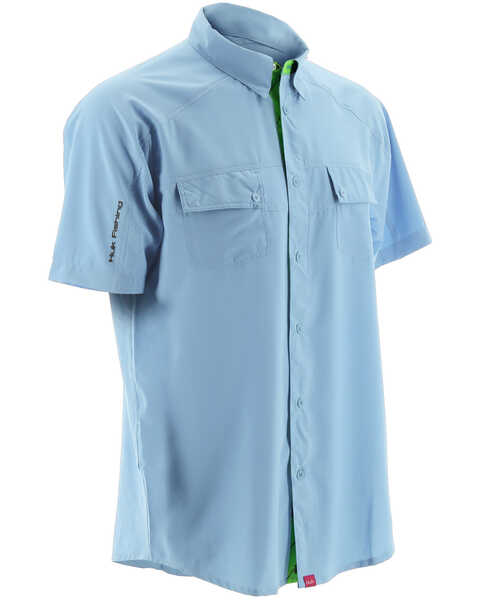 Image #1 - Huk Performance Fishing Men's Next Level Woven Short Sleeve Shirt , Light Blue, hi-res