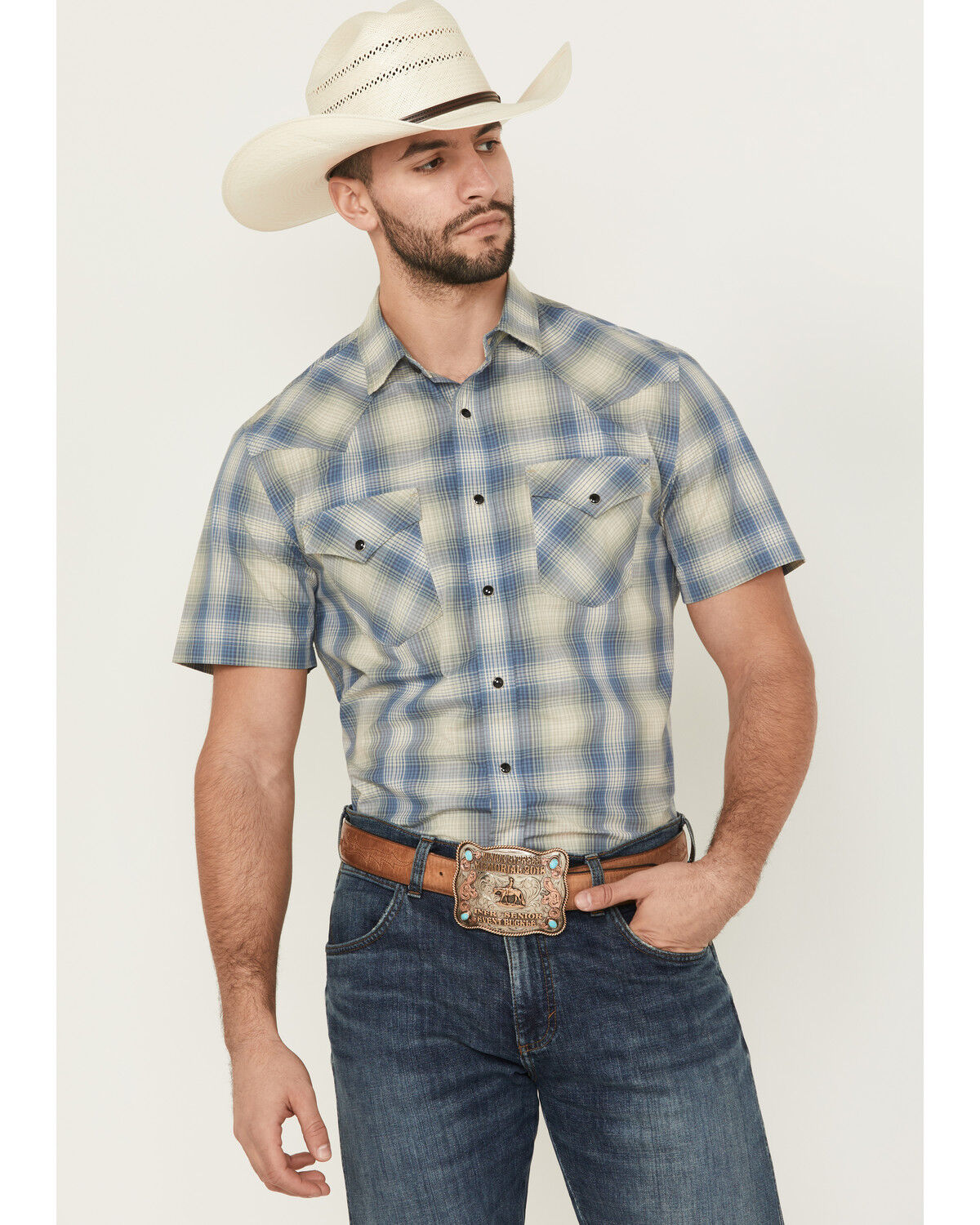 Image #1 - Pendleton Men's Frontier Plaid Print Short Sleeve Snap Stretch Western Shirt, Blue, hi-res