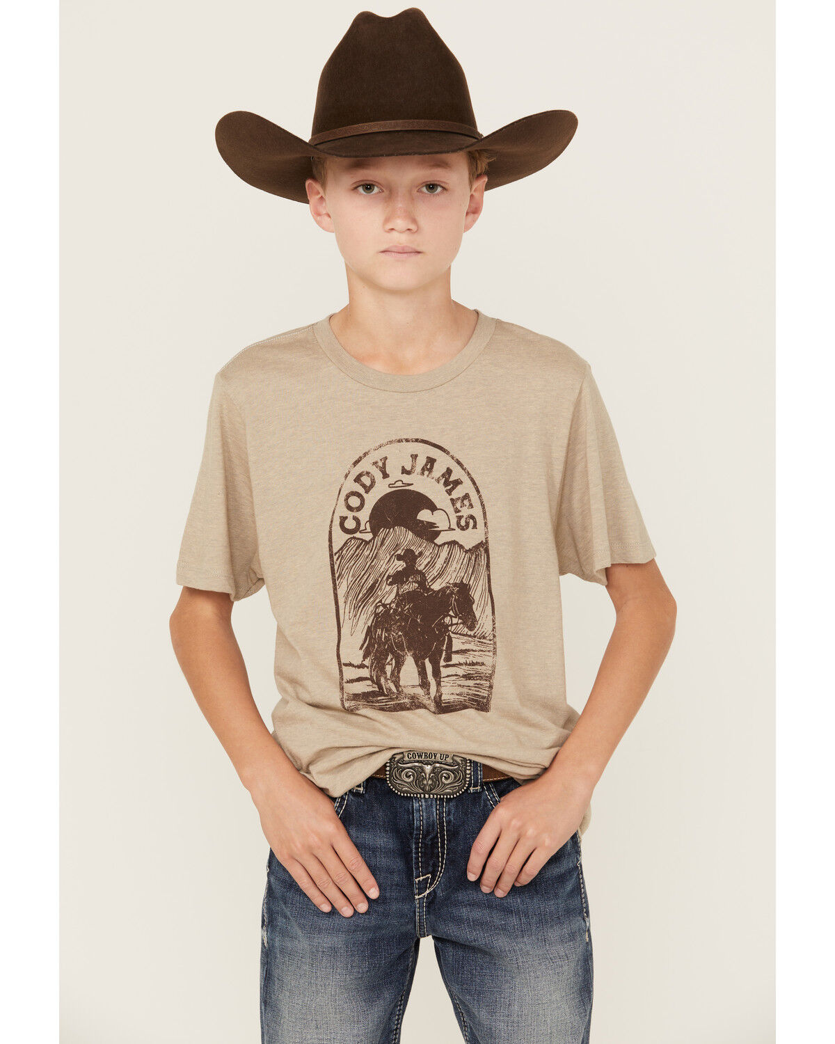 Image #1 - Cody James Boys' Cowboy Sketch Short Sleeve Graphic T-Shirt, Oatmeal, hi-res