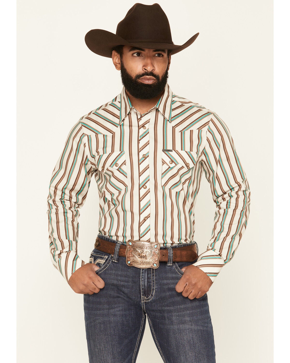 Rock & Roll Denim Men's Striped Long Sleeve Snap Stretch Western Shirt, Cream, hi-res