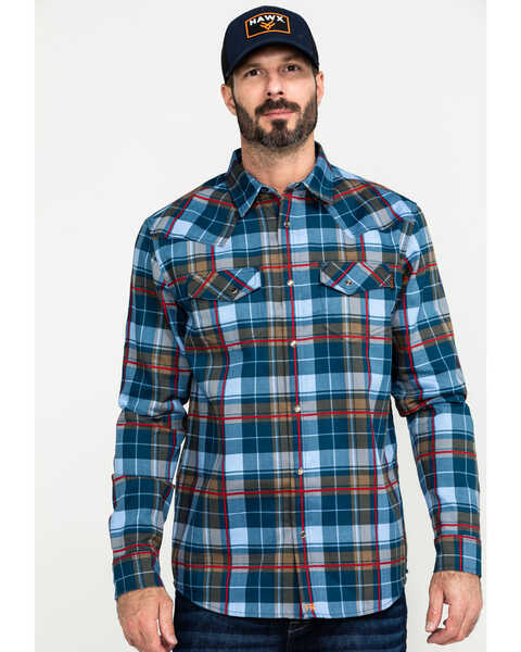Image #1 - Cody James Men's FR Woven Plaid Print Long Sleeve Button Down Work Shirt , Light Blue, hi-res