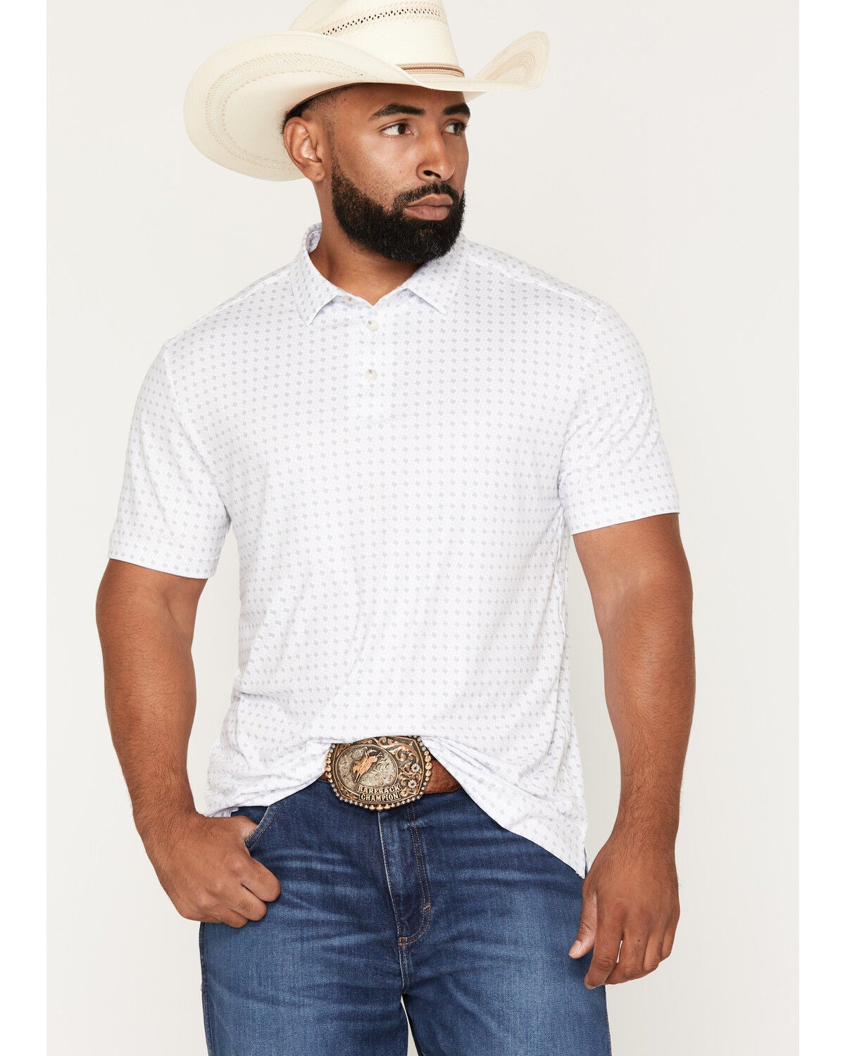 Burlebo Men's Texas Print Short Sleeve Button-Down Polo, White, hi-res