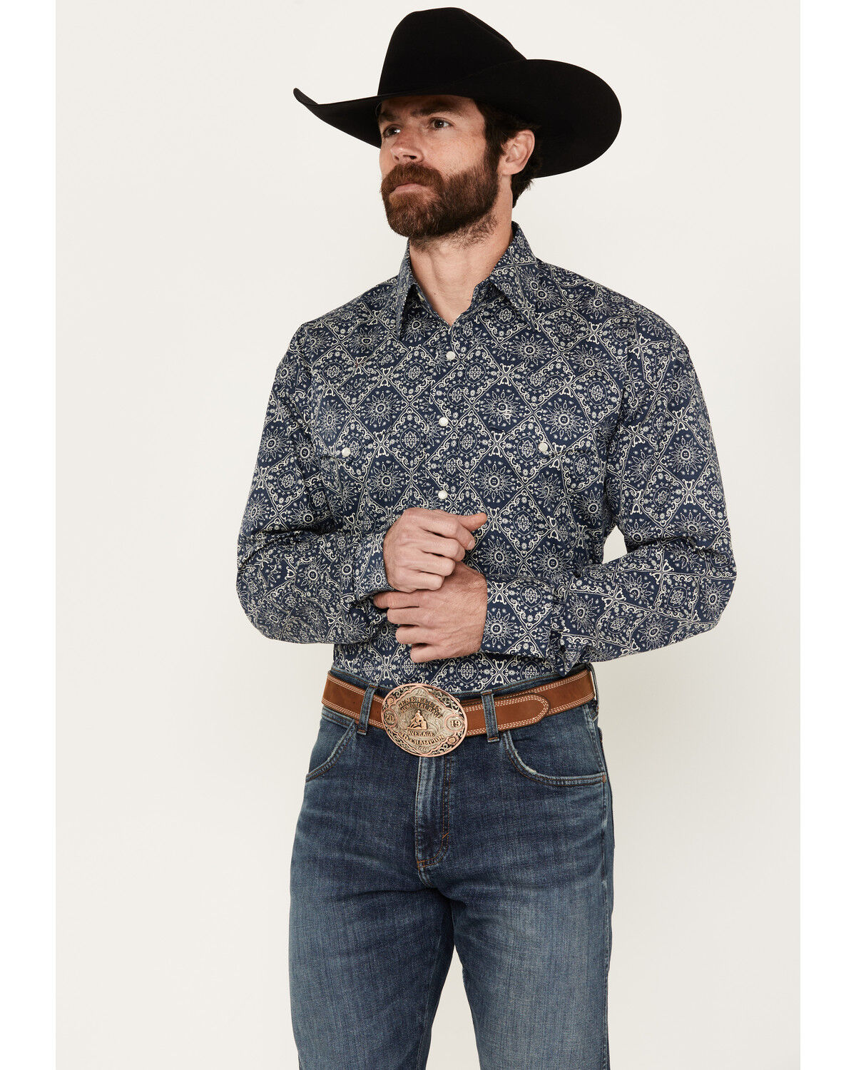 Image #1 - Stetson Men's Medallion Long Sleeve Pearl Snap Western Shirt, , hi-res