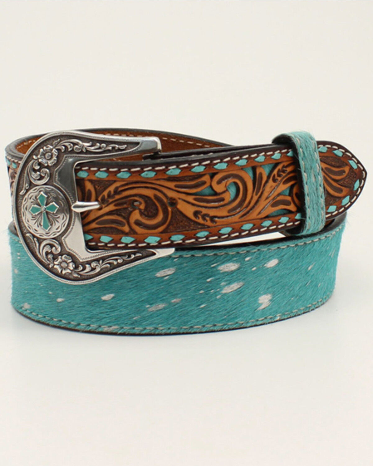 Image #1 - Angel Ranch Women's Tooled Tabs Hair-On Western Belt, Turquoise, hi-res