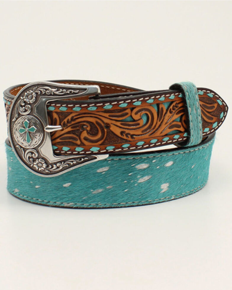 Angel Ranch Women's Tooled Tabs Hair-On Western Belt, Turquoise, hi-res