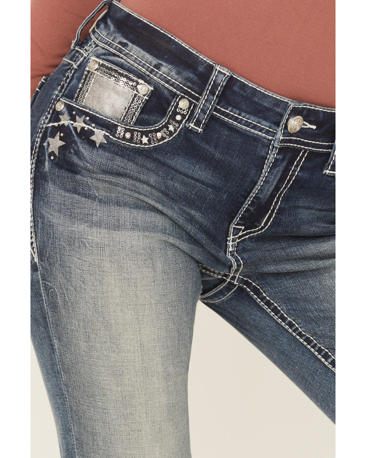 Image #4 - Grace In LA Women's Medium Wash Mid Rise Star Horseshoe Bootcut Stretch Denim Jeans, Medium Wash, hi-res