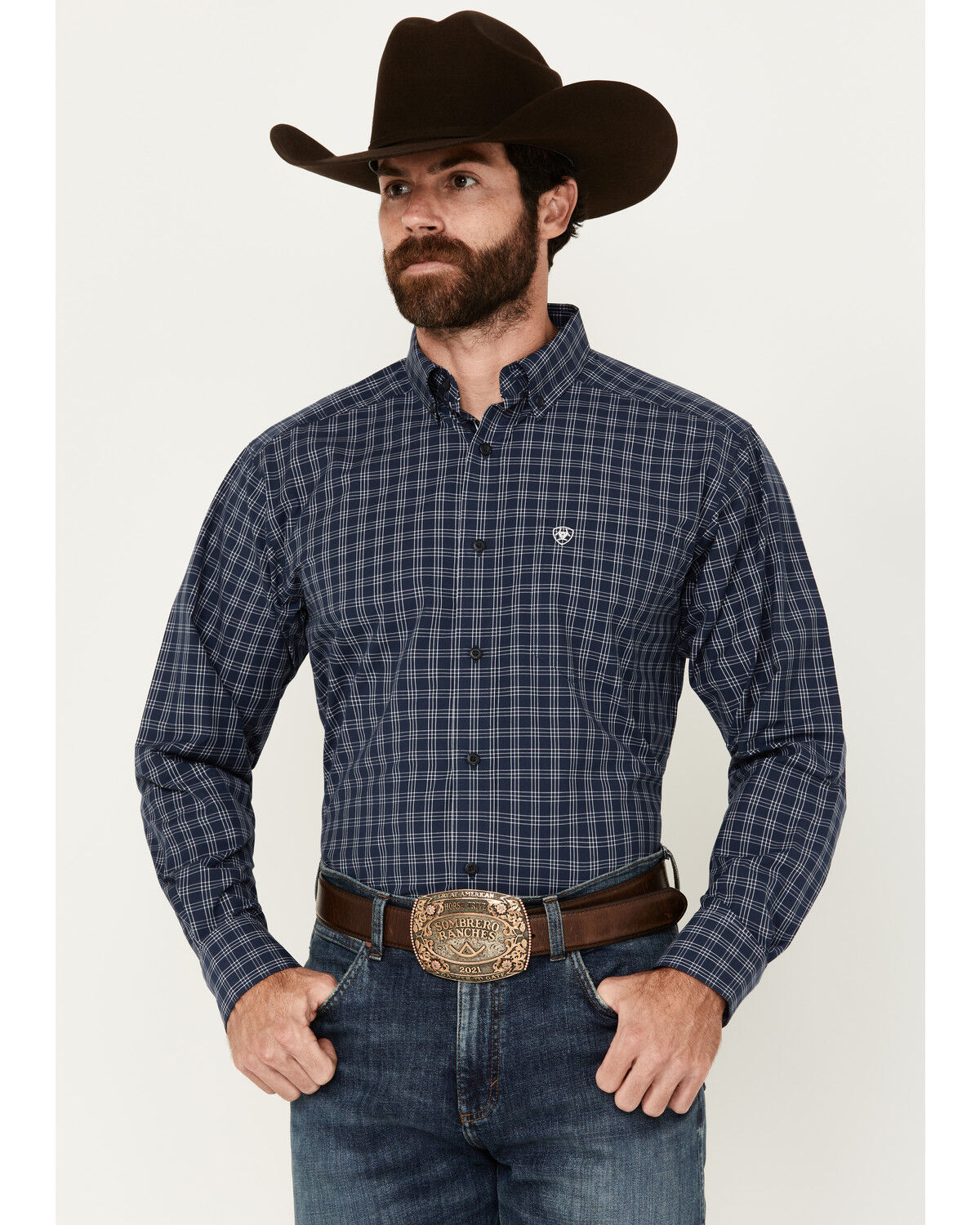 Image #1 - Ariat Men's Prestcot Windowpane Plaid Print Long Sleeve Performance Shirt - Big, Navy, hi-res