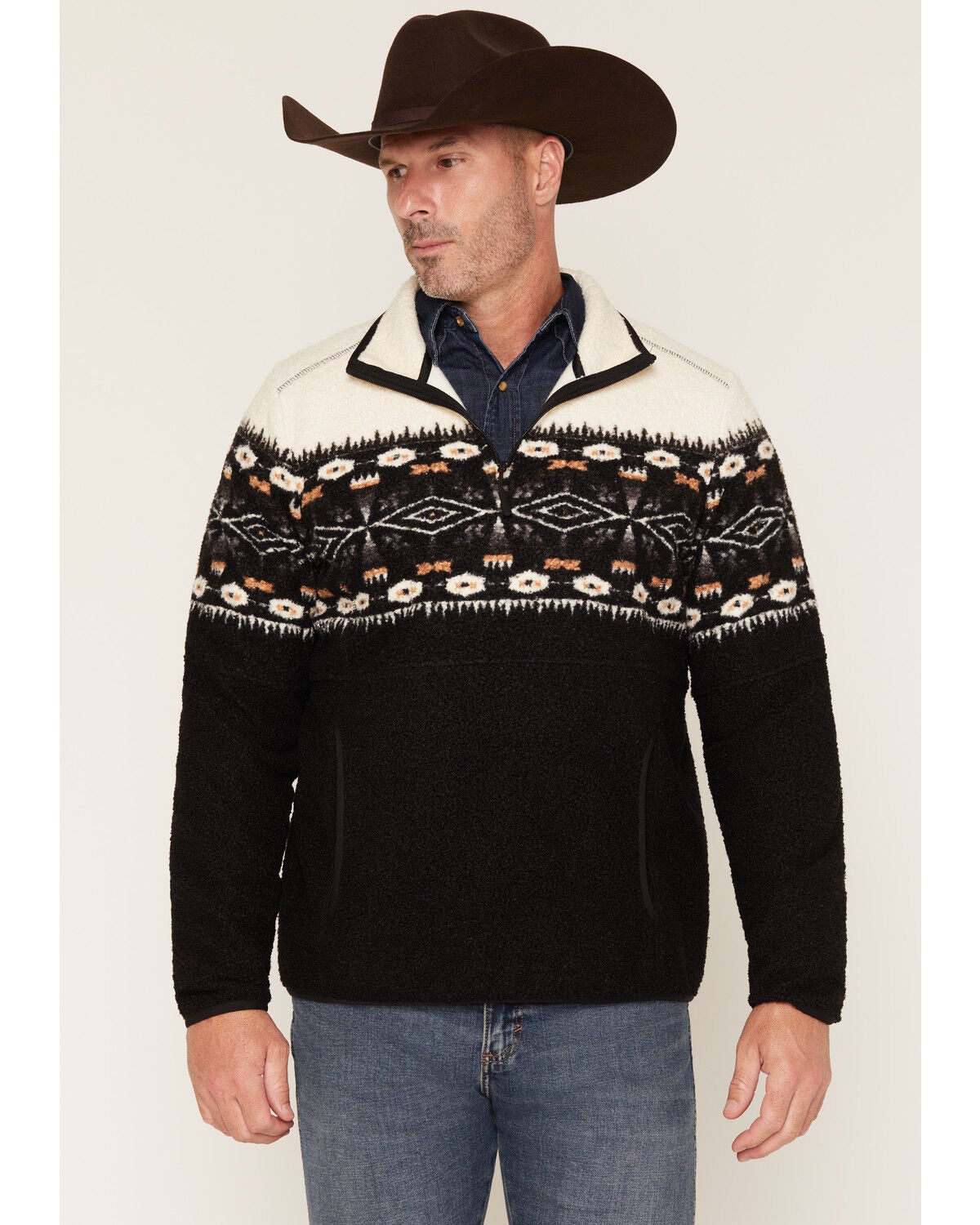 Image #1 - Panhandle Slim Men's Southwestern Border Print Berber 1/4 Zip Pullover, Black, hi-res