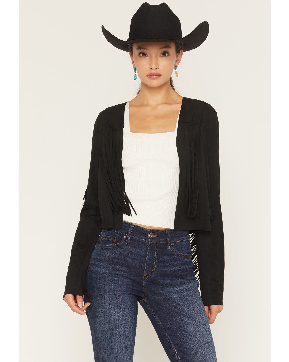 Image #1 - Shyanne Women's Fringe Faux Suede Cropped Jacket, Black, hi-res