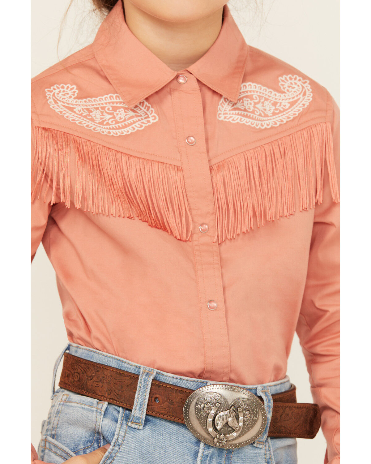 Image #3 - Shyanne Girls' Western Embroidered Fringe Long Sleeve Snap Stretch Western Shirt, Rose, hi-res