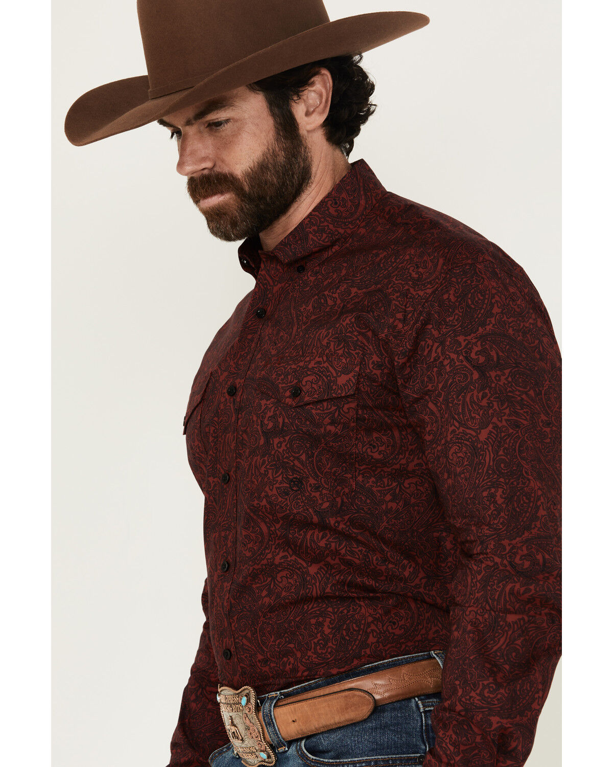 Image #2 - Roper Men's Amarillo Paisley Print Long Sleeve Button-Down Western Shirt, Wine, hi-res