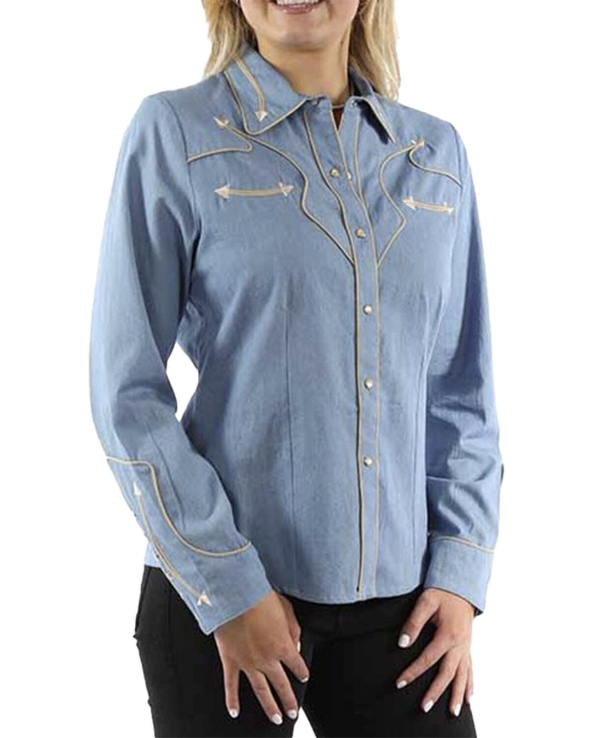Scully Women's Solid Long Sleeve Pearl Snap Western Shirt, Blue, hi-res