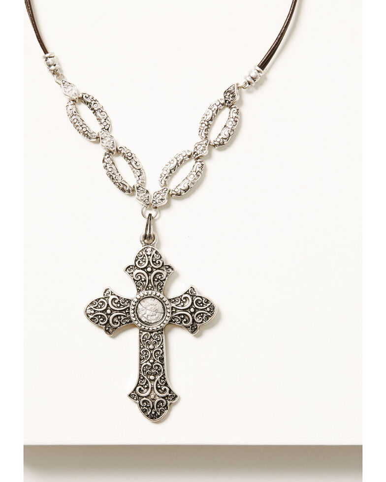 Shyanne Women's Turquoise Cross Fancy Statement Cross Necklace, Silver, hi-res