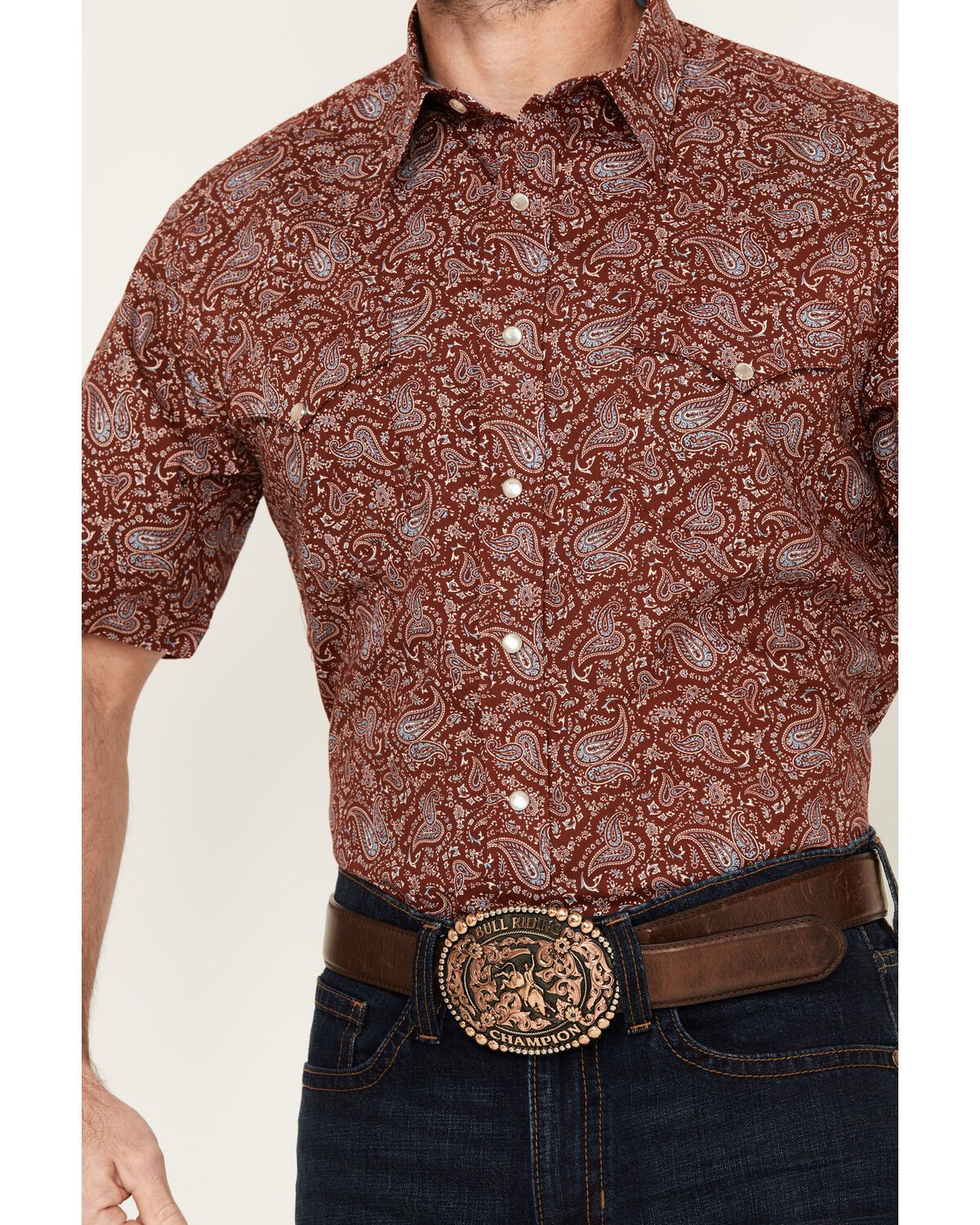 Image #3 - Roper Men's West Made Paisley Print Short Sleeve Snap Western Shirt, Burgundy, hi-res