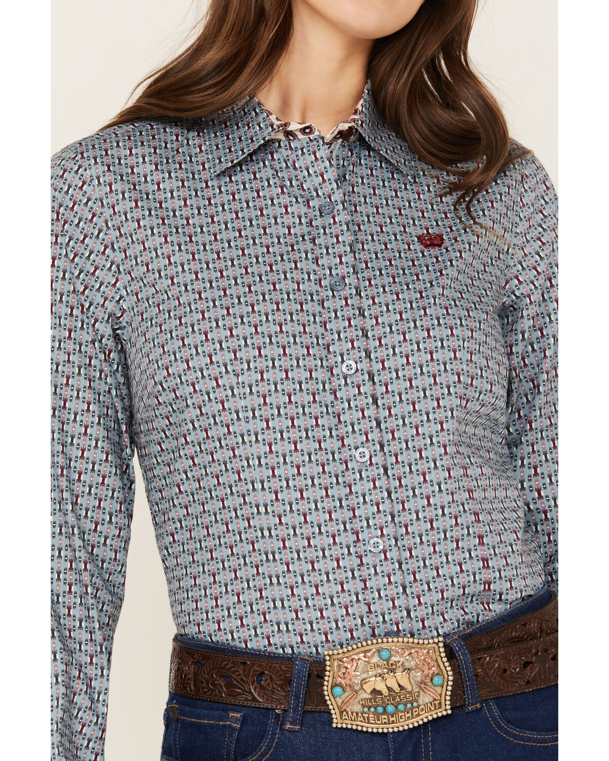 Image #3 - Cinch Women's Southwestern Long Sleeve Button-Down Western Shirt, Light Blue, hi-res