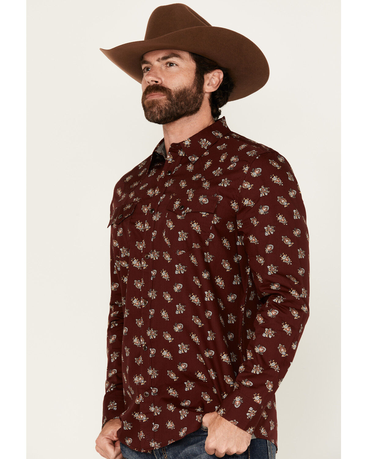 Image #2 - Moonshine Spirit Men's Nightmare Paisley Print Long Sleeve Snap Western Shirt, Burgundy, hi-res