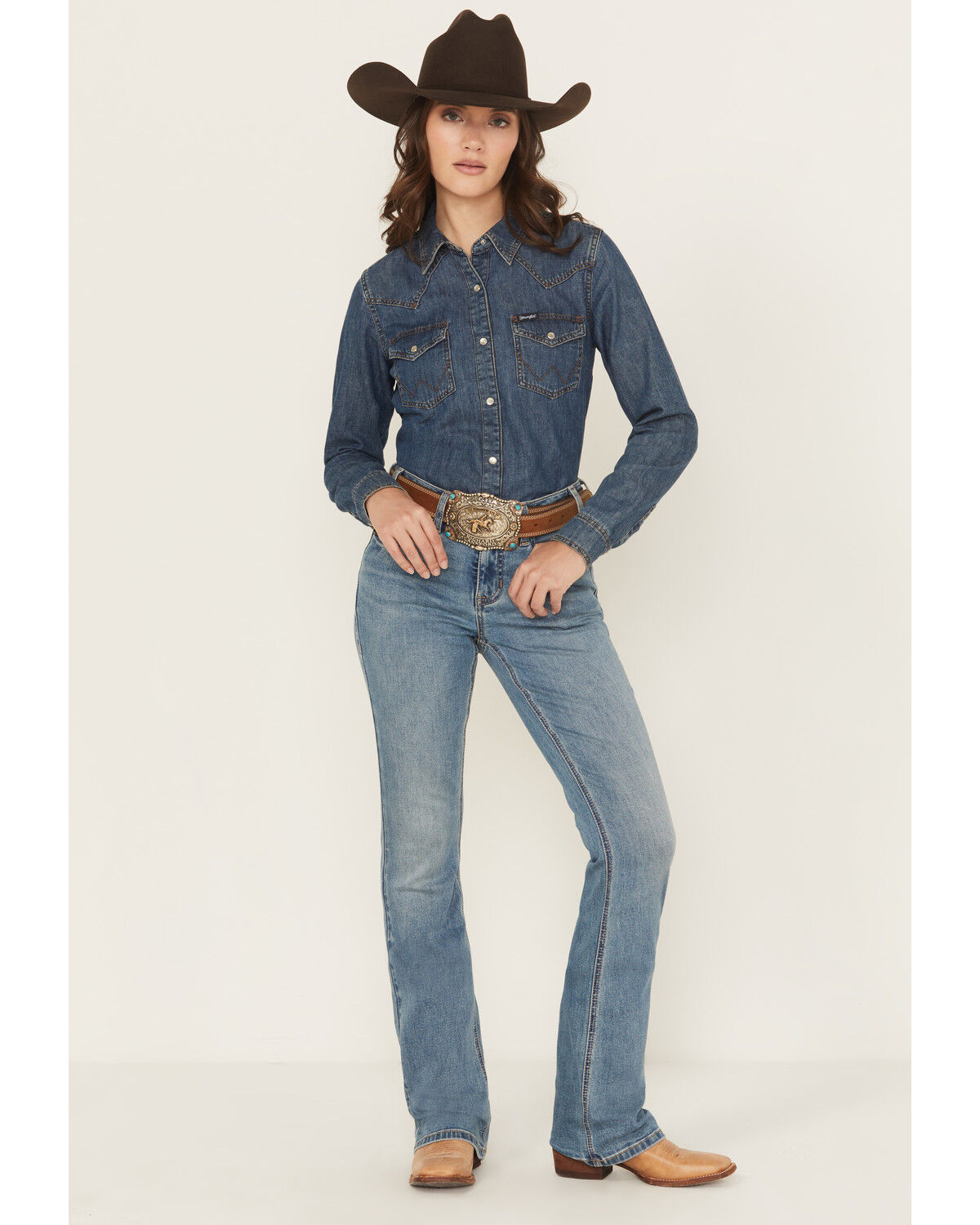 Image #1 - Rock & Roll Denim Women's Medium Wash Mid Rise Boot Stitch Bootcut Stretch Denim Jeans, Medium Wash, hi-res