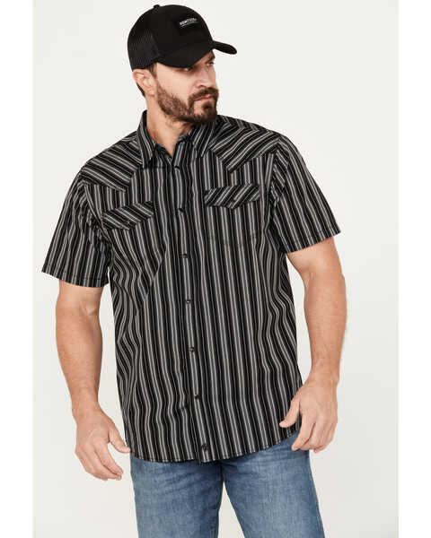 Moonshine Spirit Men's Capone Striped Short Sleeve Western Snap Shirt, Black, hi-res