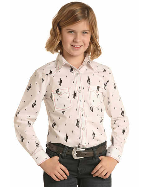Image #1 - Panhandle Girls' Cactus Print Long Sleeve Pearl Snap Western Shirt , White, hi-res