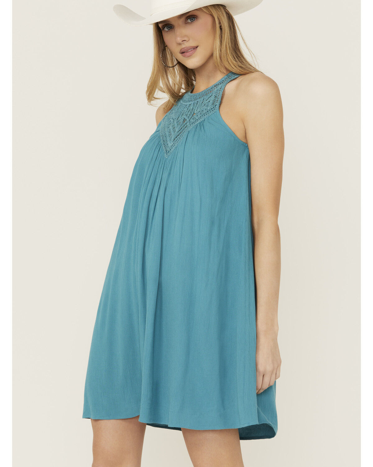 Image #2 - Shyanne Women's Crochet Yoke Crinkle Mini Dress, Medium Blue, hi-res