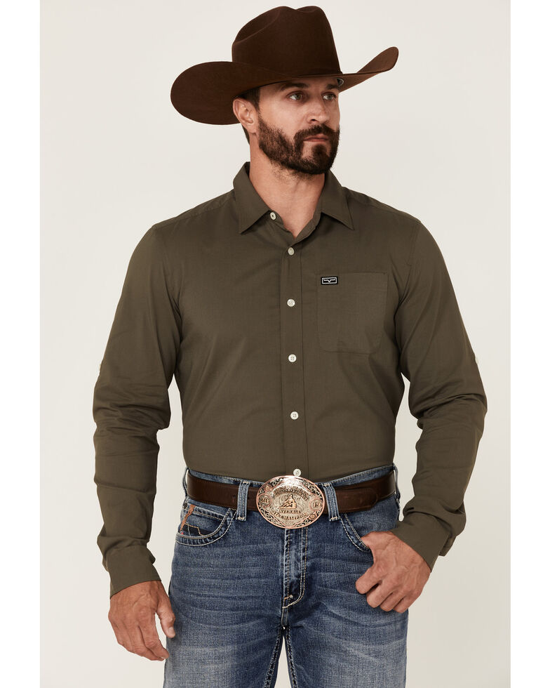Kimes Ranch Men's Solid Army Green Linville Tech Long Sleeve Button-Down Western Shirt , Green, hi-res