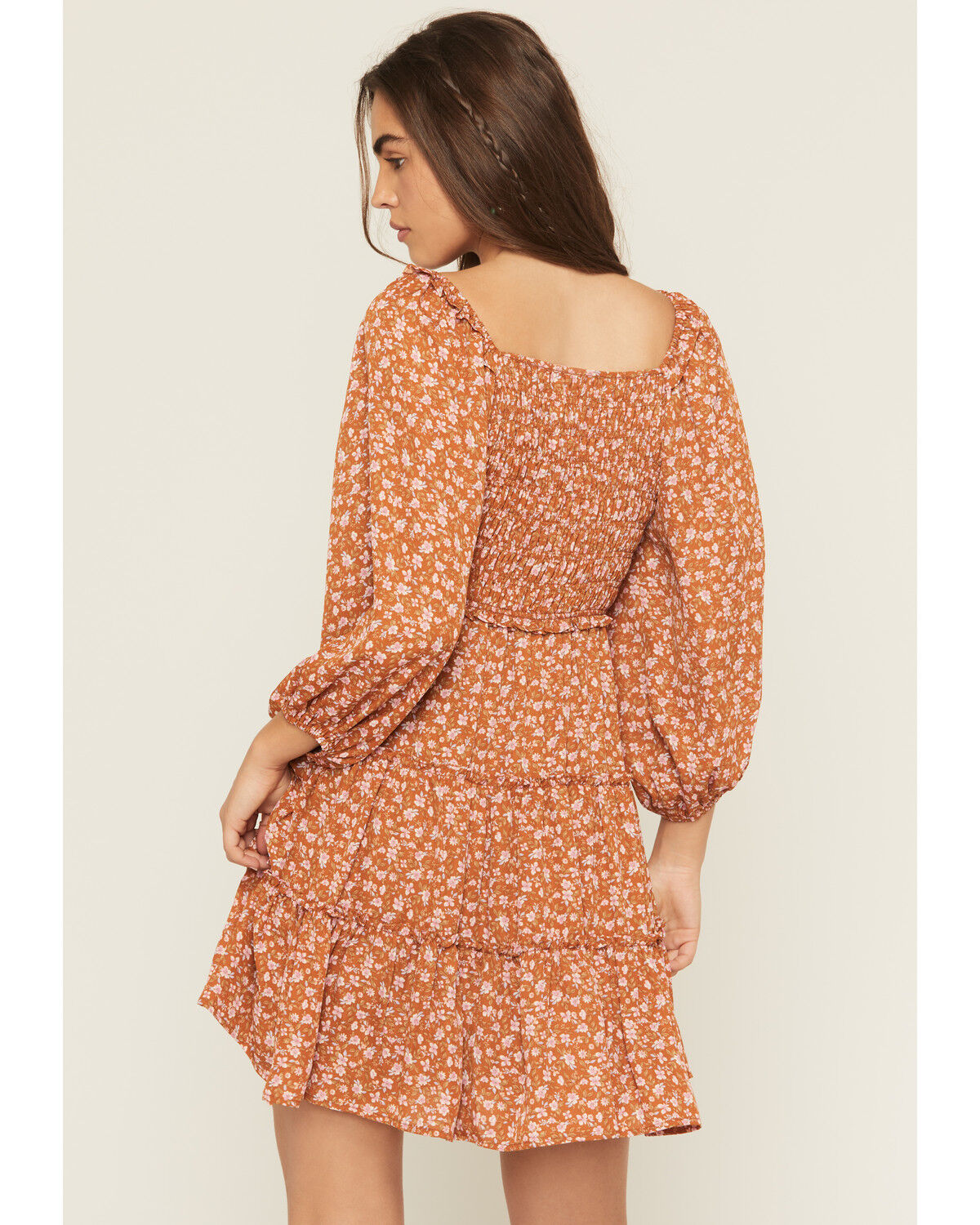 Image #4 - Yura Women's Floral Print Long Sleeve Smocked Mini Dress, Rust Copper, hi-res