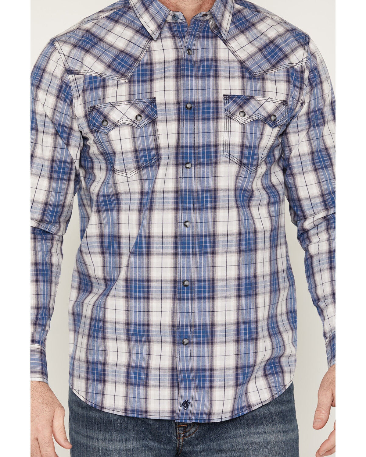 Image #3 - Moonshine Spirit&reg; Men's Burning Blue Plaid Print Long Sleeve Snap Western Shirt, Blue, hi-res