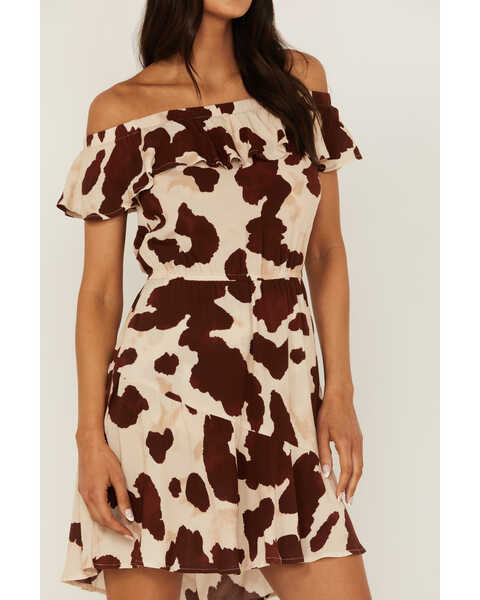 Image #4 - Idyllwind Women's Made For This Off-Shoulder Cow Print Dress, Tan, hi-res