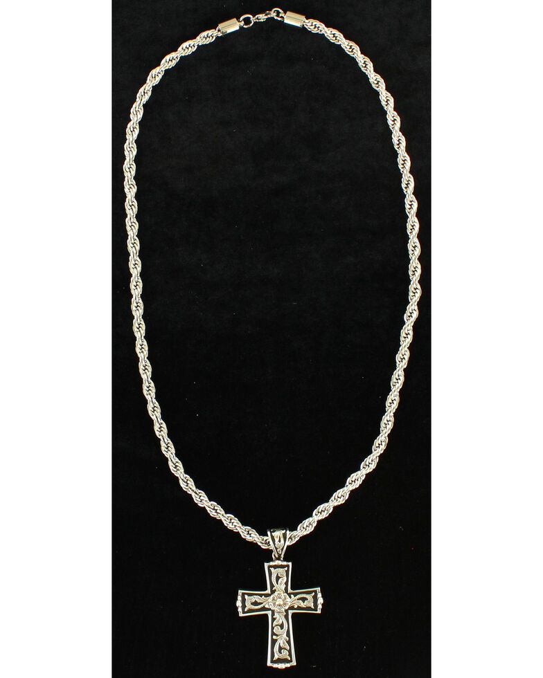 Twister Men's Floral Scroll Cross Necklace , Silver, hi-res