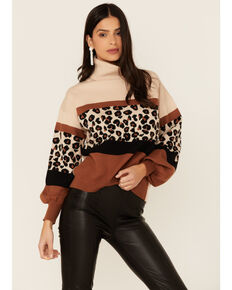 Skies Are Blue Women's Leopard Color Block Turtle Neck Pullover Sweater, Ivory, hi-res