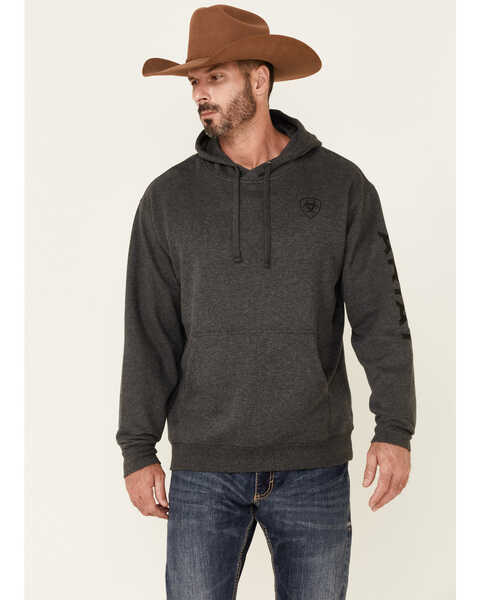 Ariat Men's Boot Barn Exclusive Sleeve Logo Pullover Hooded Sweatshirt , Charcoal, hi-res