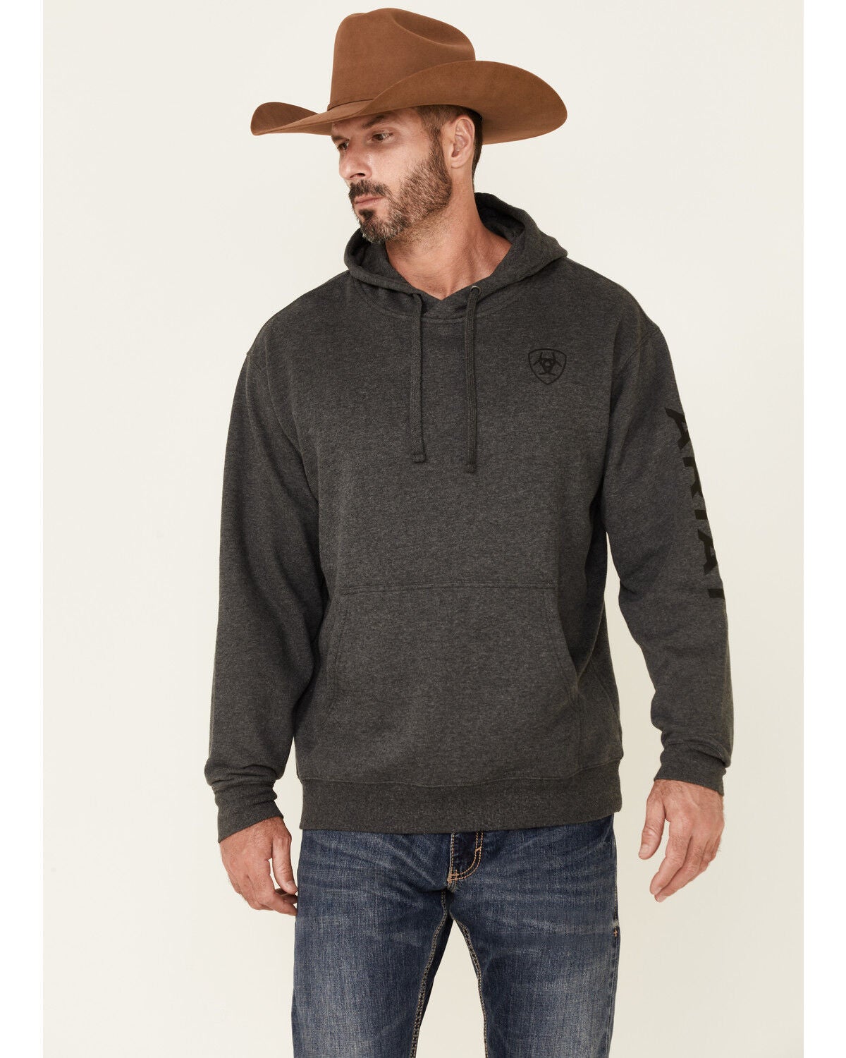 Image #1 - Ariat Men's Boot Barn Exclusive Sleeve Logo Pullover Hooded Sweatshirt , , hi-res