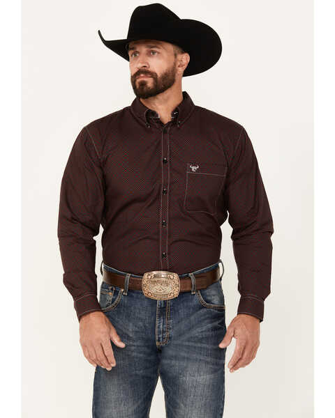 Cowboy Hardware Men's Geo Print Long Sleeve Button-Down Western Shirt, Burgundy, hi-res