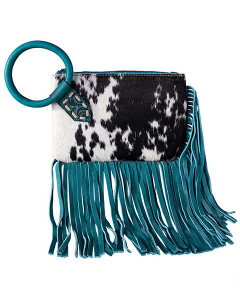 Trinity Ranch Women's Cowhide Ring Handle Wristlet , Turquoise, hi-res