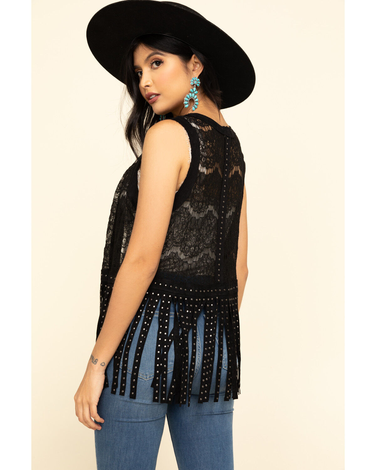 Image #2 - Vocal Women's Lace Studded Fringe Vest, Black, hi-res