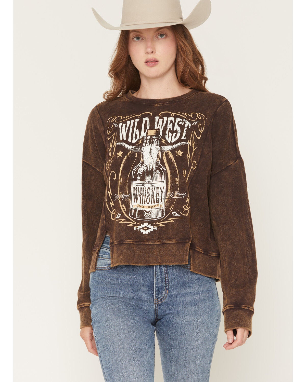 Rock & Roll Denim Women's Wild West Whiskey Pullover Sweatshirt, Brown, hi-res