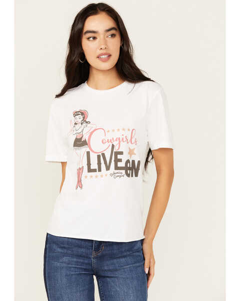 Bohemian Cowgirl Women's Cowgirls Live On Short Sleeve Cropped Graphic Tee, White, hi-res