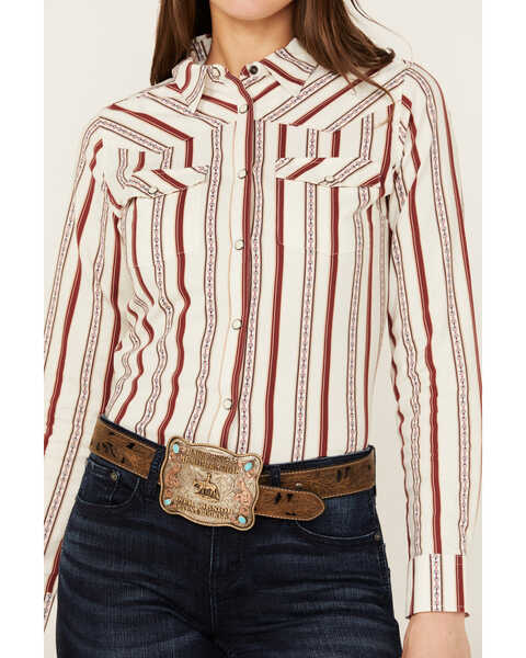 Image #3 - Shyanne Women's Rocksprings Striped Long Sleeve Snap Western Shirt , Brick Red, hi-res