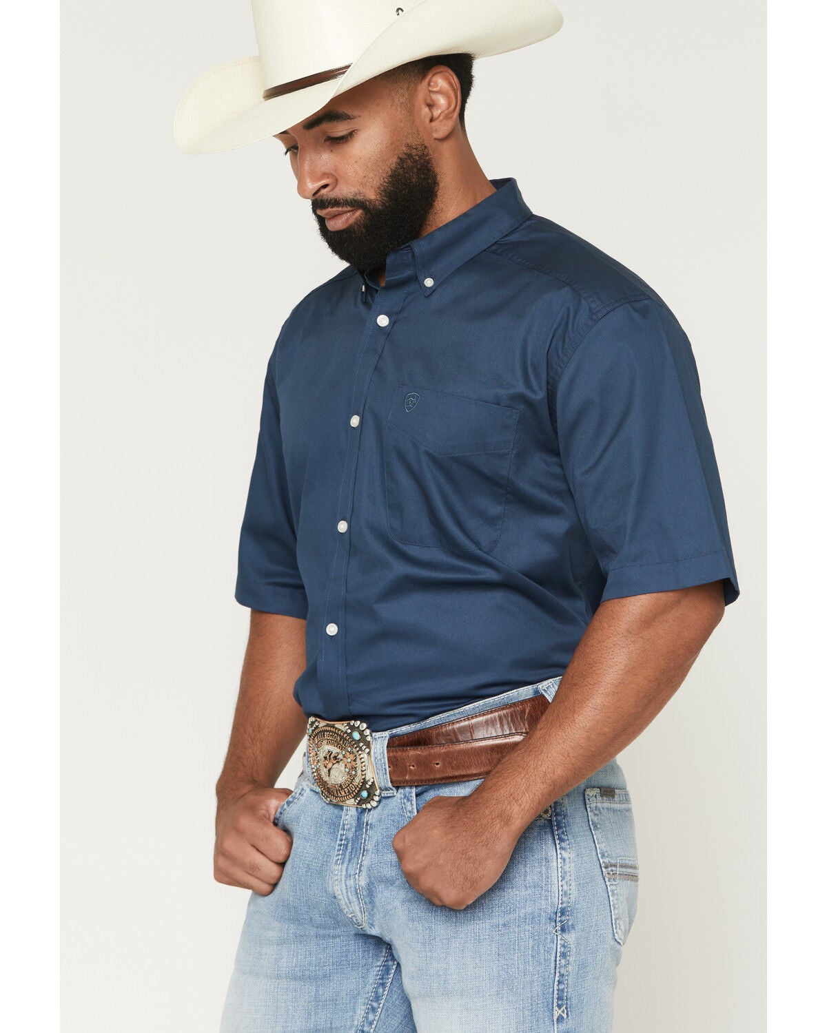 Image #2 - Ariat Men's Lightweight Twill Solid Short Sleeve Button-Down Western Shirt, Slate, hi-res