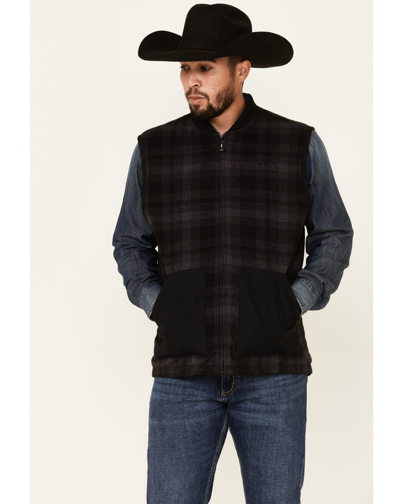 Cinch Men's Black Plaid Reversible Wool Canvas Zip-Front Vest , Black, hi-res