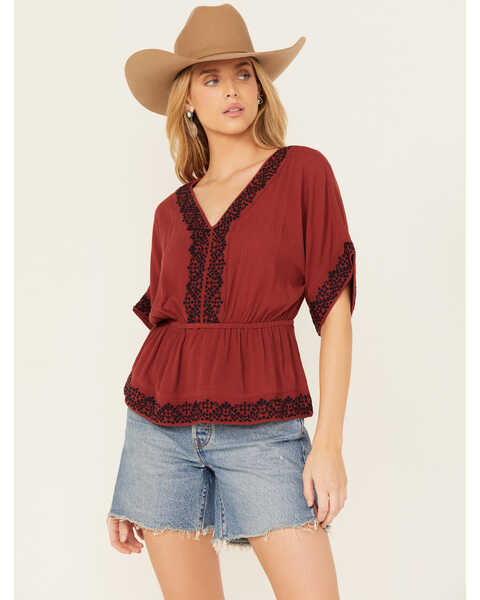 Image #1 - Shyanne Women's Embroidered Sleeve Peplum Top , Brick Red, hi-res