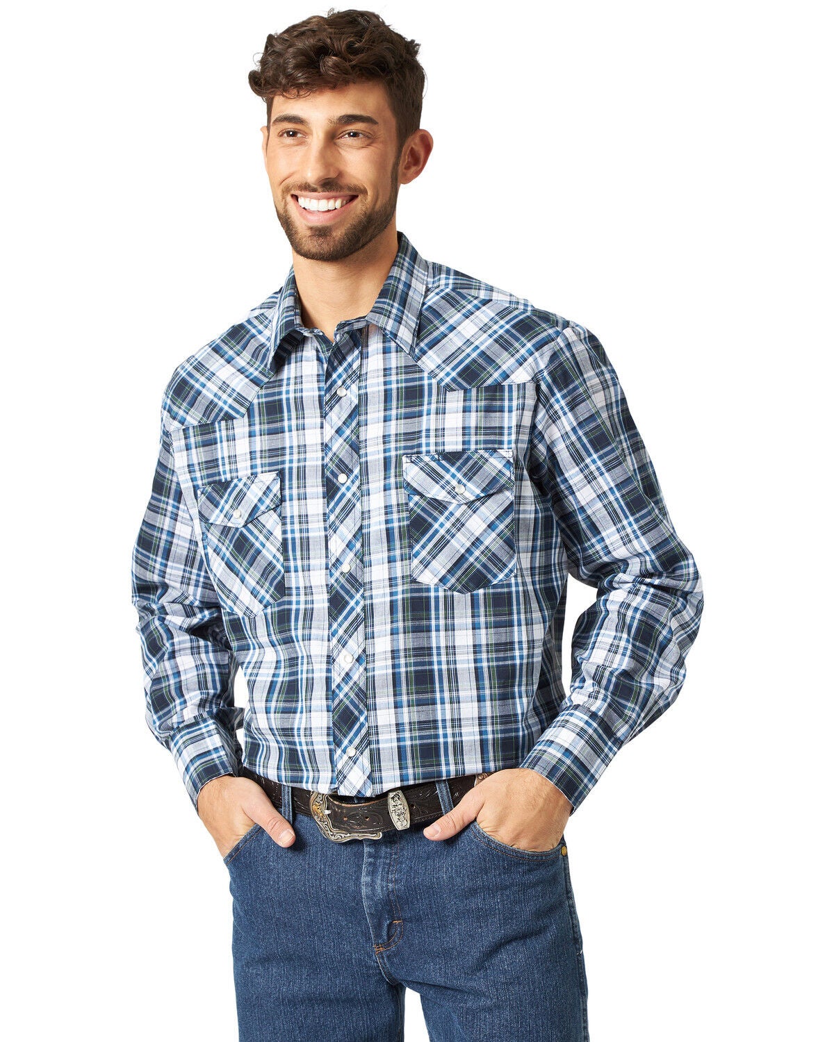Wrangler Men's Assorted Stripe or Plaid Classic Long Sleeve Pearl Snap Western Shirt, Plaid, hi-res