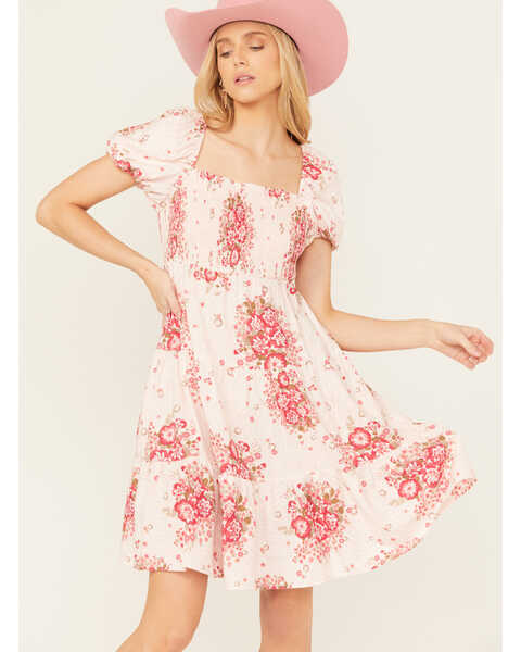Ariat Women's Short Sleeve Floral Tier Sweetie Dress, Pink, hi-res