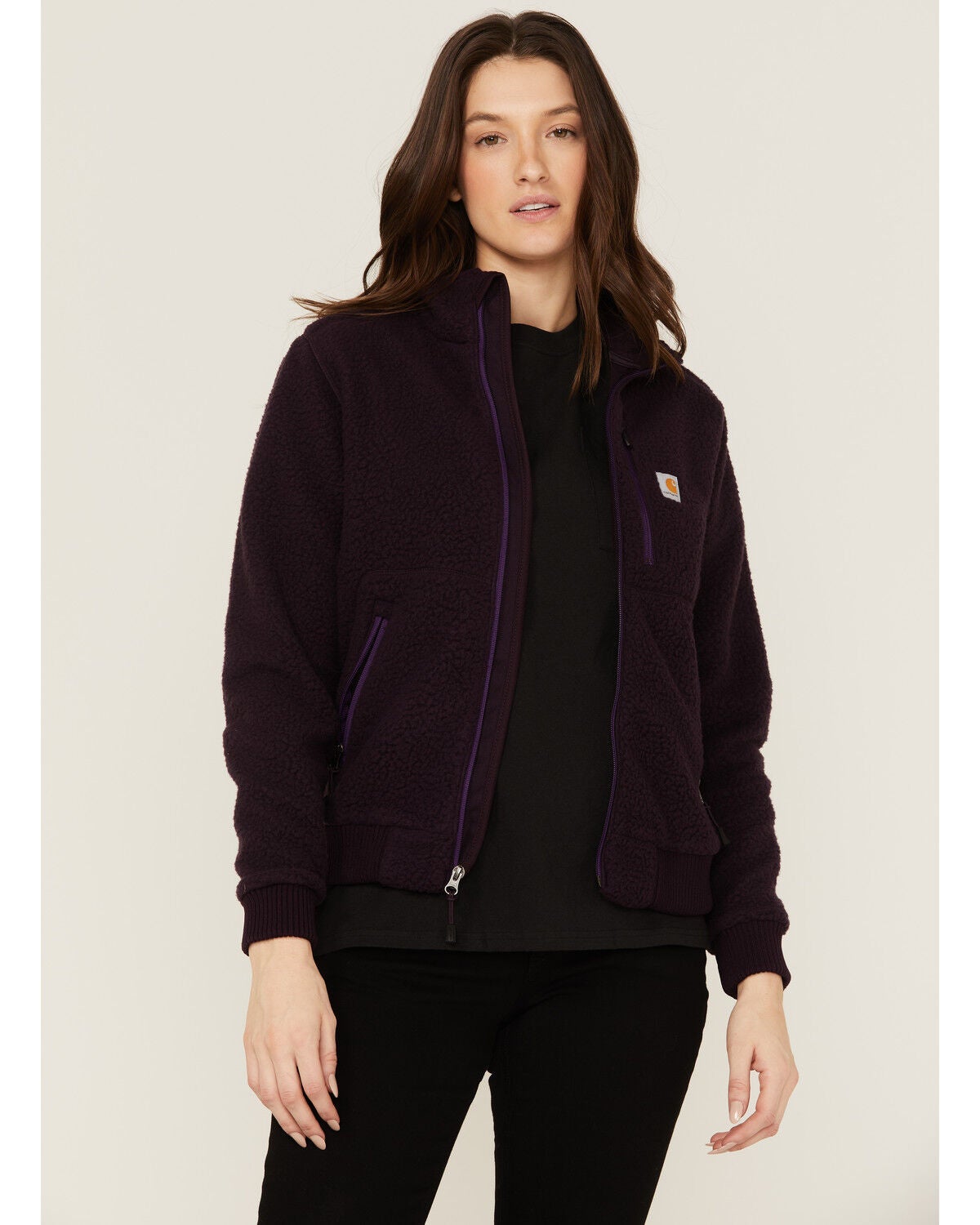 Image #1 - Carhartt Women's Solid Purple Relaxed Fit Zip-Front Sherpa Fleece Work Jacket, Plum, hi-res