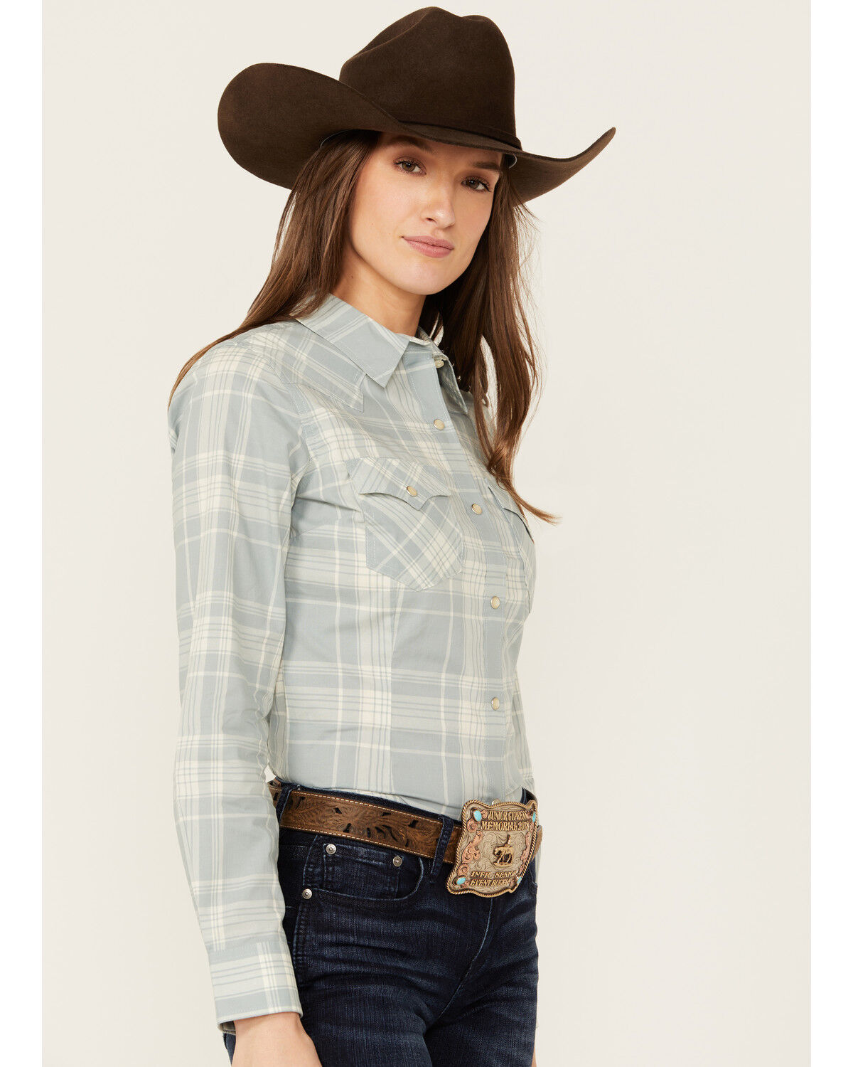 Image #2 - Wrangler Retro Women's Plaid Print Long Sleeve Pearl Snap Western Shirt, Slate, hi-res