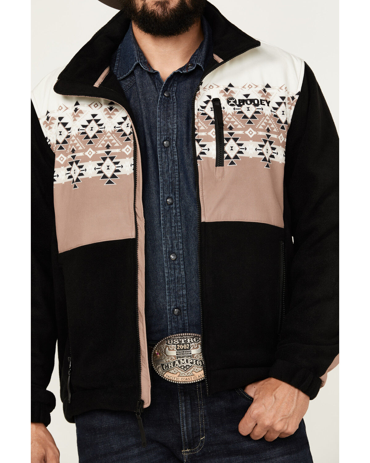 Image #3 - Hooey Men's Southwestern Print Tech Fleece Jacket, Black, hi-res