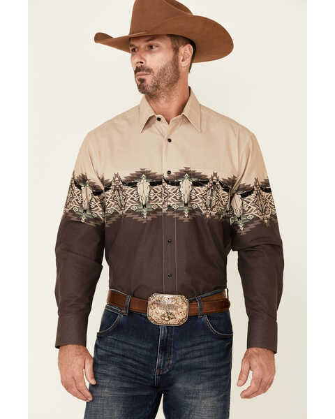 Image #1 - Panhandle Men's Brown Southwestern Longhorn Border Print Long Sleeve Snap Western Shirt , , hi-res