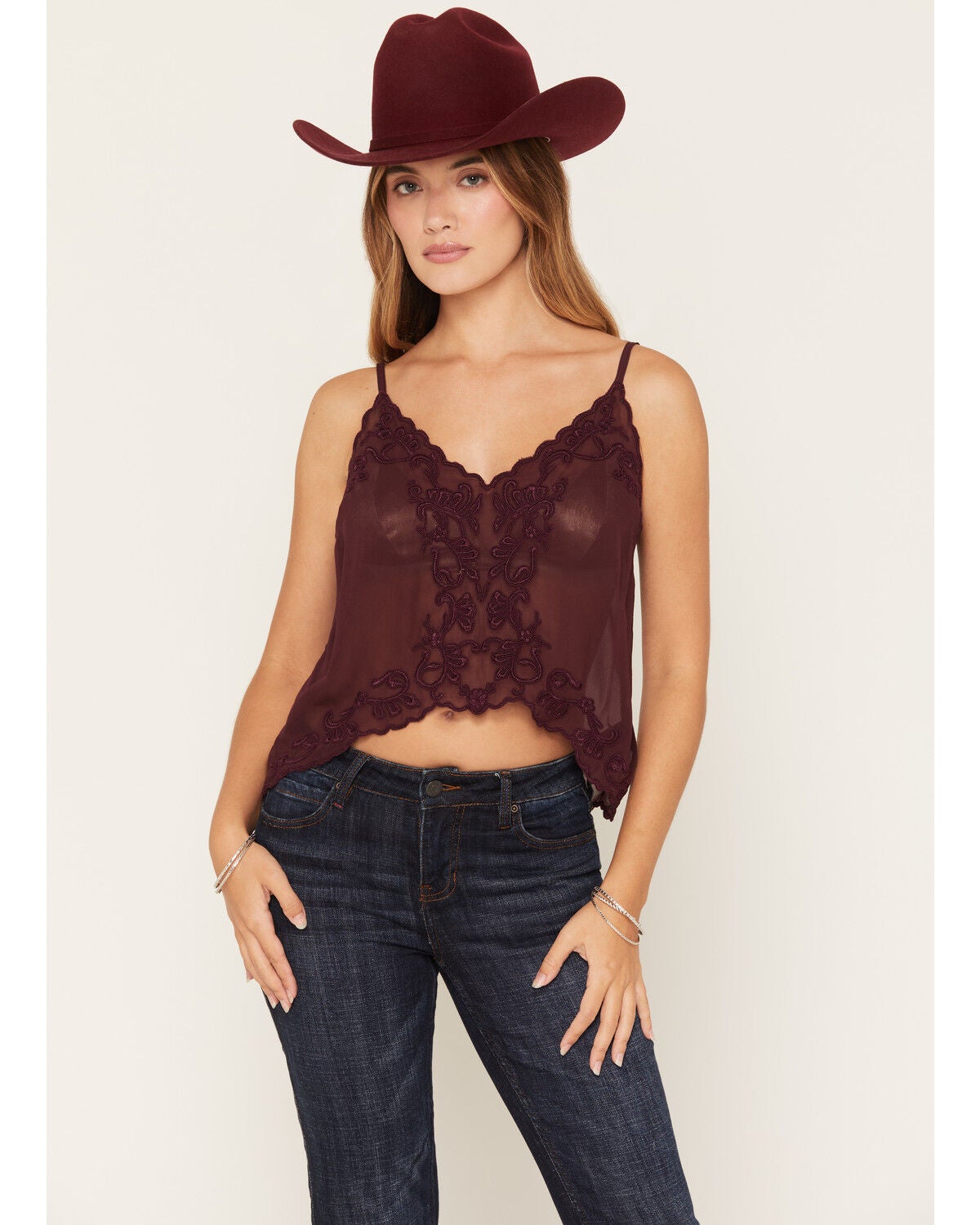 Idyllwind Women's Santa Rosa Embroidered Georgette Tank, Wine, hi-res