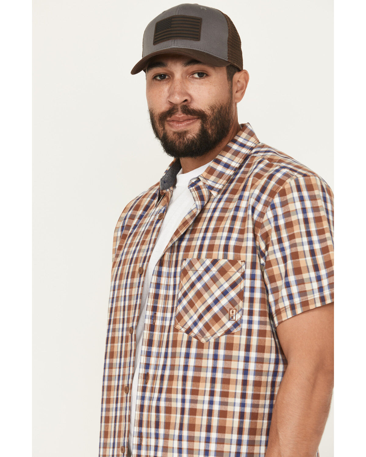 Image #2 - Brothers And Sons Men's Tehama Plaid Print Short Sleeve Button-Down Western Shirt, Brown, hi-res