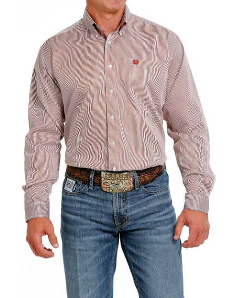 Cinch Men's Tencel Mini Striped Long Sleeve Button-Down Western Shirt, Brown, hi-res